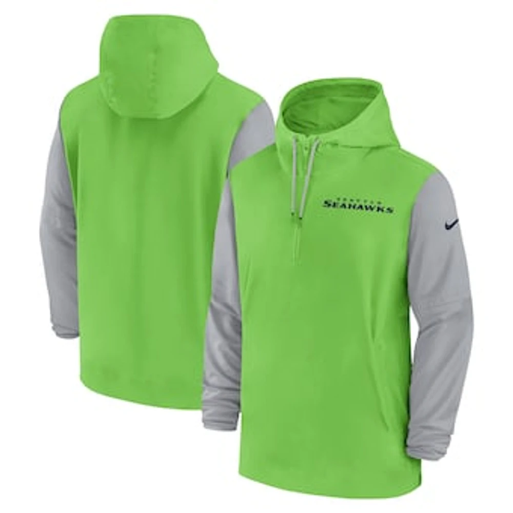 Men's Nike Neon Green/Gray Seattle Seahawks 2024/25 Sideline Pre-Game Player 1/2-Zip Hoodie Jacket