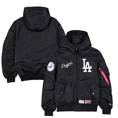 Men's New Era x Alpha Industries Black Los Angeles Dodgers Current Day Full-Zip Hooded Nylon Bomber Jacket