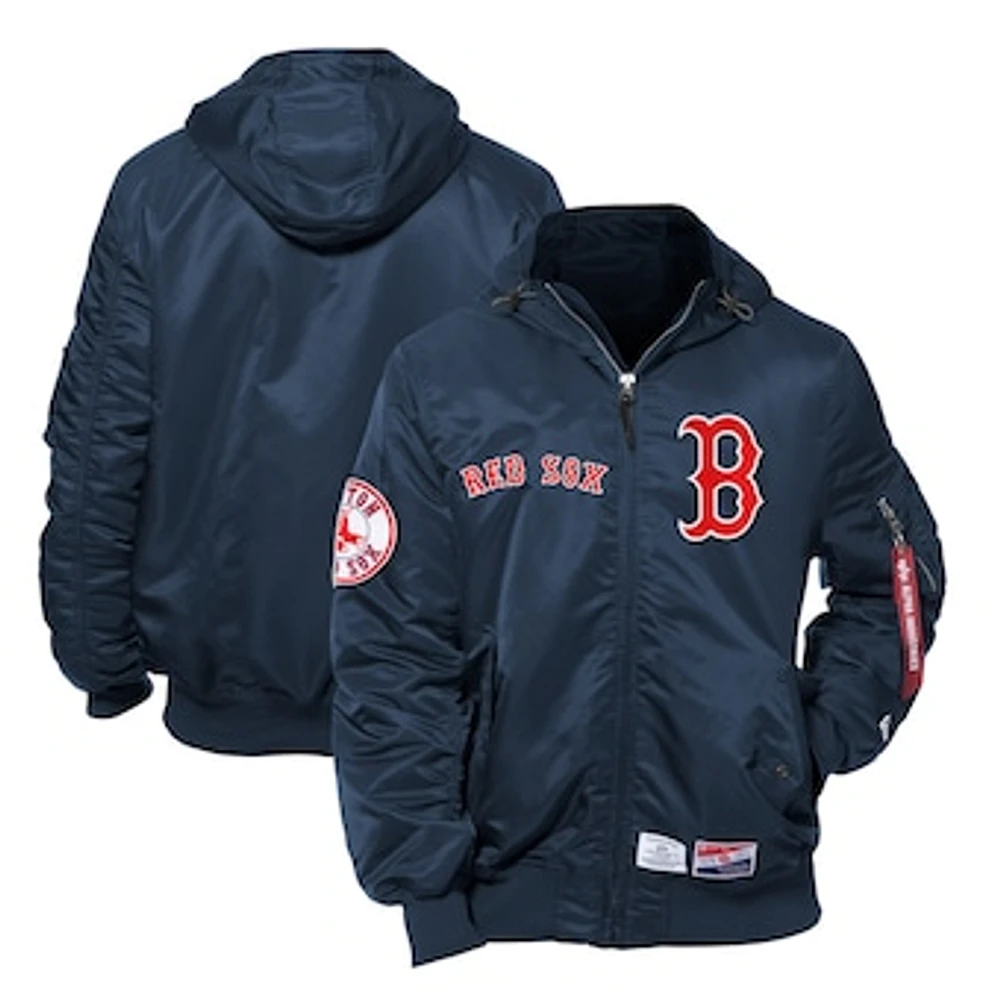 Men's New Era x Alpha Industries Navy Boston Red Sox Current Day Full-Zip Hooded Nylon Bomber Jacket