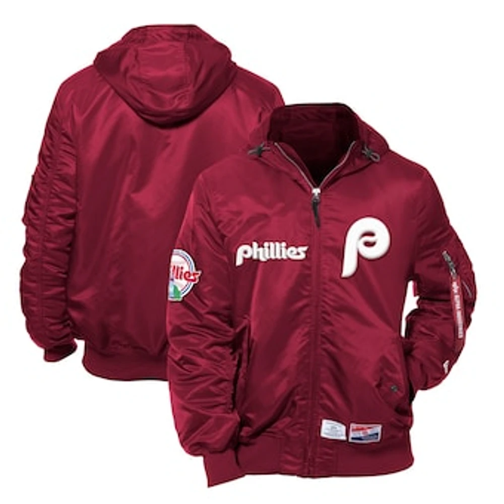 Men's New Era x Alpha Industries Burgundy Philadelphia Phillies Cooperstown Collection Full-Zip Hooded Nylon Bomber Jacket