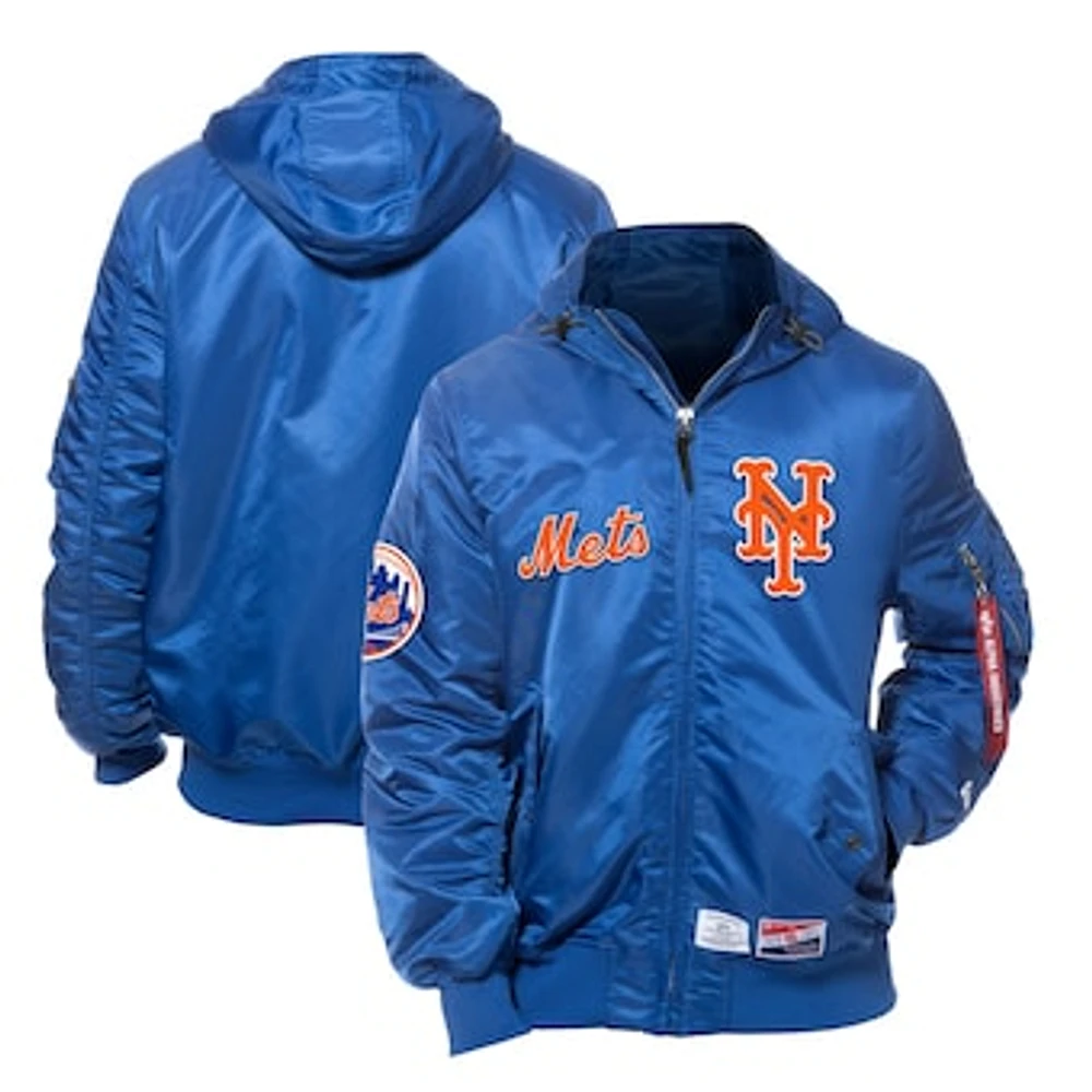 Men's New Era x Alpha Industries Royal New York Mets Current Day Full-Zip Hooded Nylon Bomber Jacket