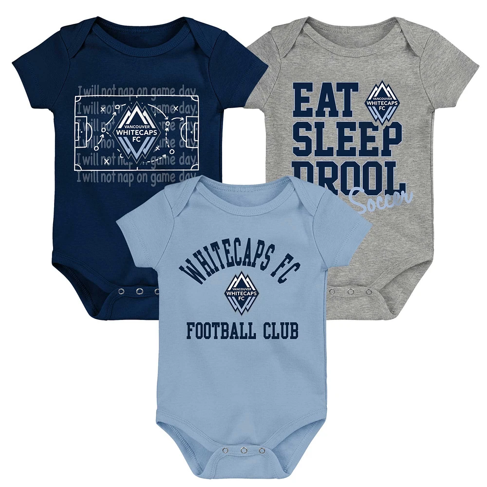 Newborn & Infant Deep Sea Blue/Light Blue/Gray Vancouver Whitecaps FC 3-Pack Bodysuit Set