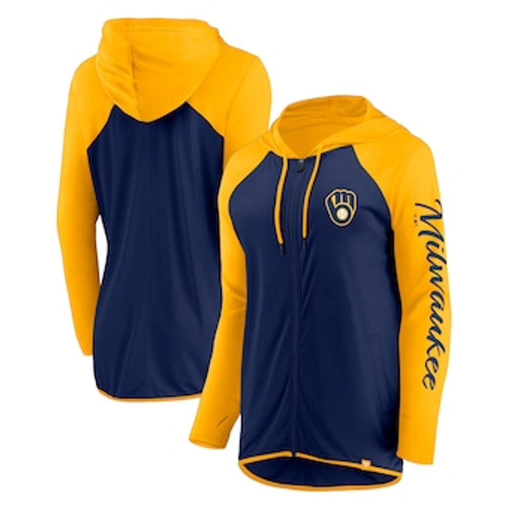 Women's Fanatics Navy/Gold Milwaukee Brewers Script Sleeve Full-Zip Hoodie