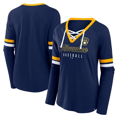 Women's Fanatics Navy Milwaukee Brewers Won & Done Raglan Lace-Up Long Sleeve T-Shirt