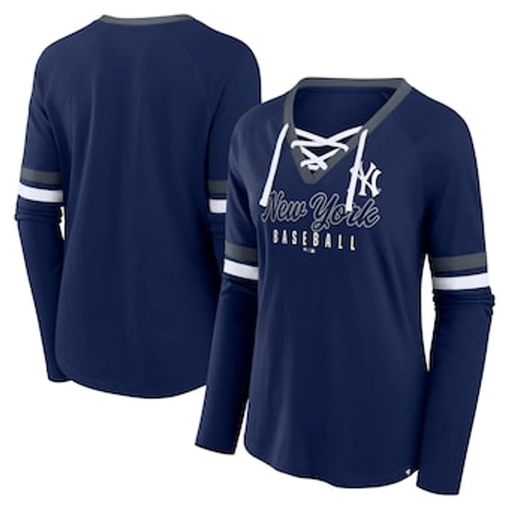 Women's Fanatics Navy New York Yankees Won & Done Raglan Lace-Up Long Sleeve T-Shirt