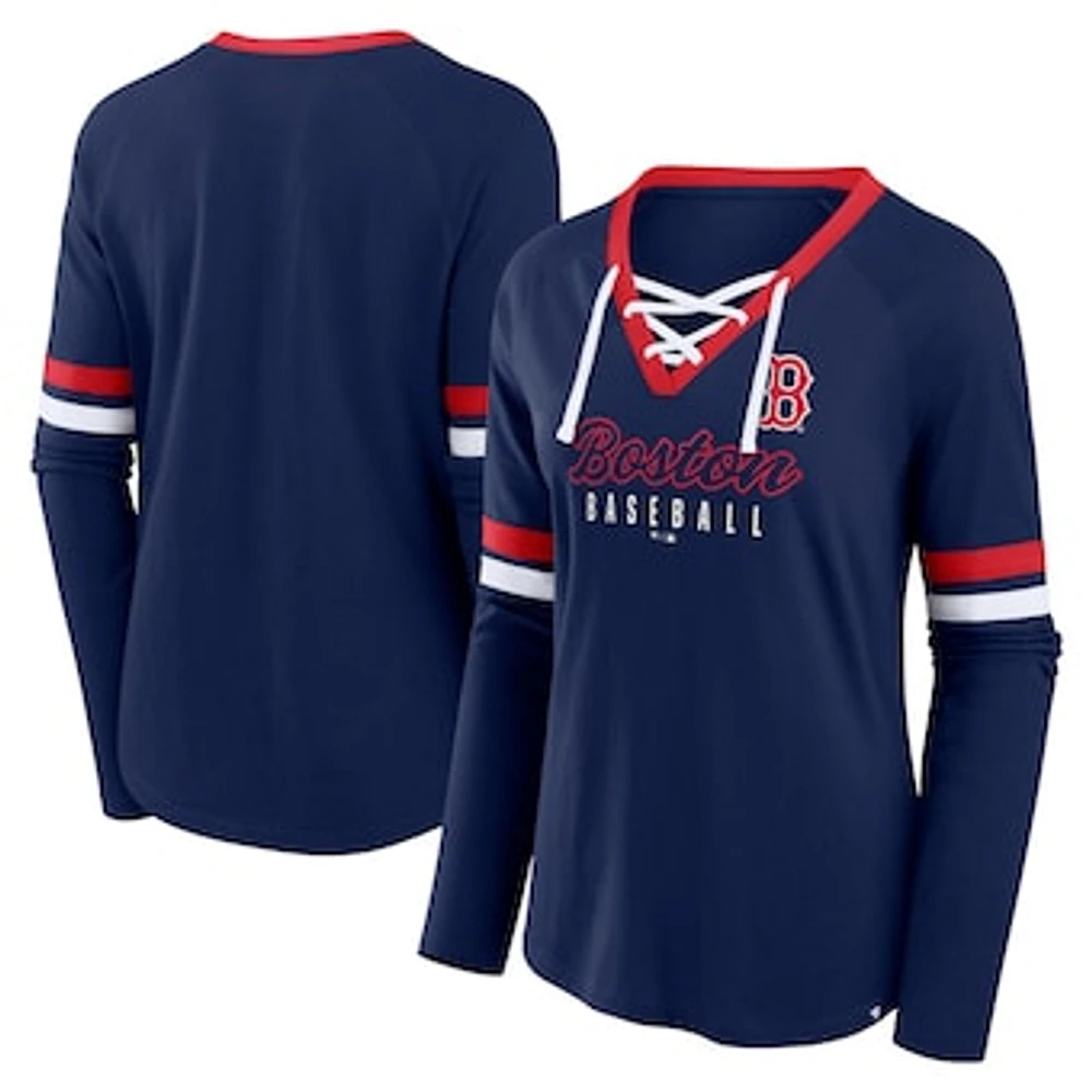 Women's Fanatics Navy Boston Red Sox Won & Done Raglan Lace-Up Long Sleeve T-Shirt