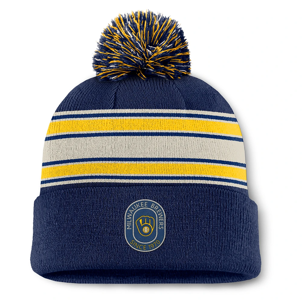 Men's Fanatics  Navy Milwaukee Brewers Fundamental Patch Cuffed Knit Hat with Pom