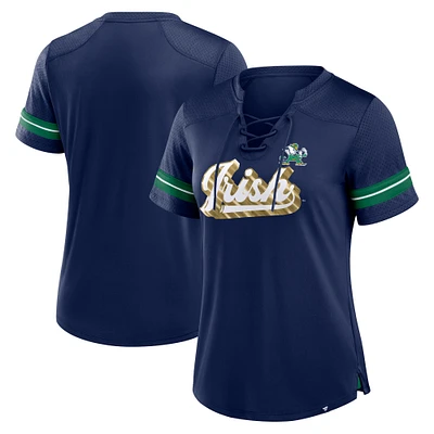 Women's Fanatics Navy Notre Dame Fighting Irish Fundamental Overtime Readiness Athena Lace-Up V-Neck T-Shirt