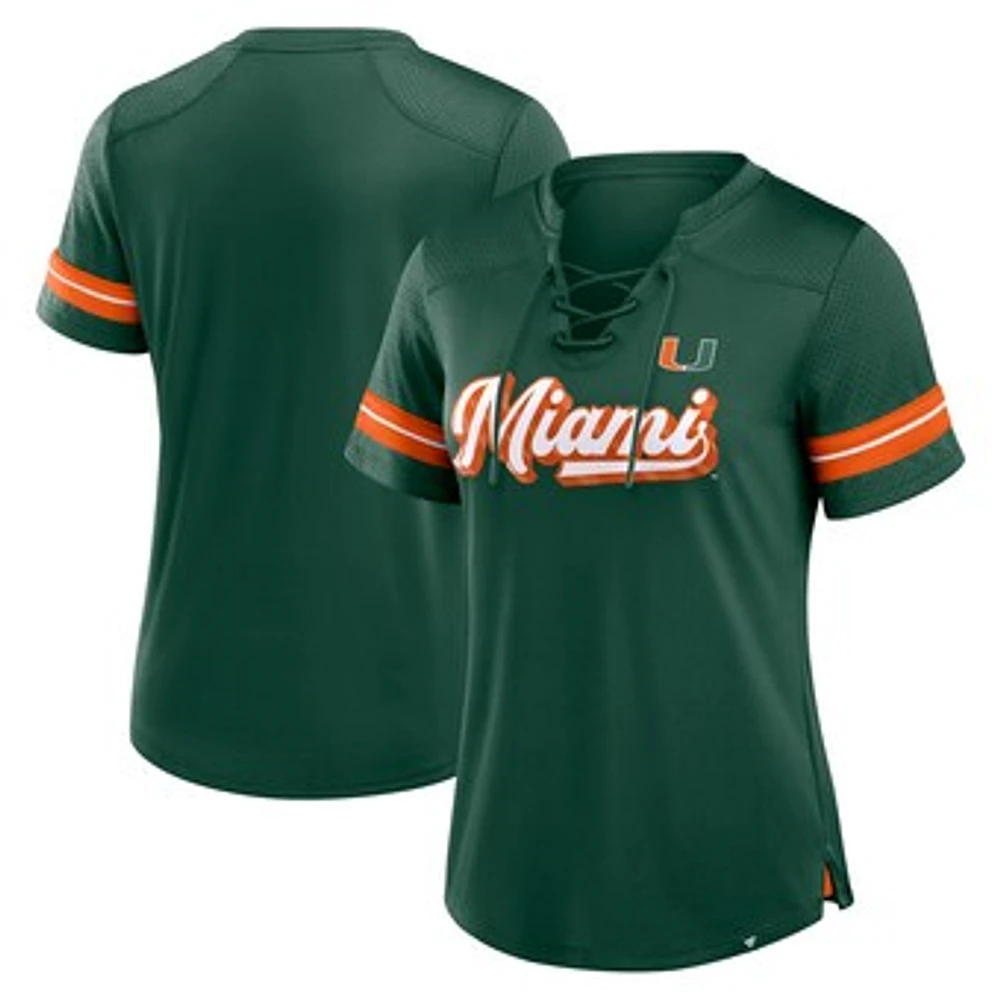 Women's Fanatics Green Miami Hurricanes Fundamental Overtime Readiness Athena Lace-Up V-Neck T-Shirt