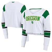 Women's Fanatics White Oregon Ducks Training Camp Cropped Long Sleeve V-Neck Fashion Top