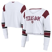 Women's Fanatics White Texas A&M Aggies Training Camp Cropped Long Sleeve V-Neck Fashion Top