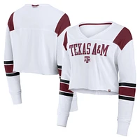 Women's Fanatics White Texas A&M Aggies Training Camp Cropped Long Sleeve V-Neck Fashion Top