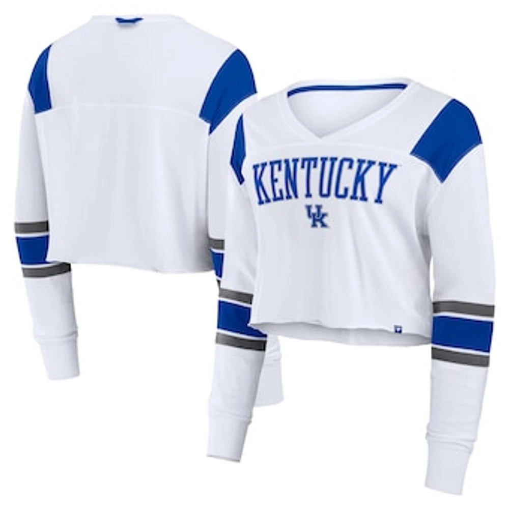 Women's Fanatics White Kentucky Wildcats Training Camp Cropped Long Sleeve V-Neck Fashion Top