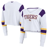 Women's Fanatics White LSU Tigers Training Camp Cropped Long Sleeve V-Neck Fashion Top