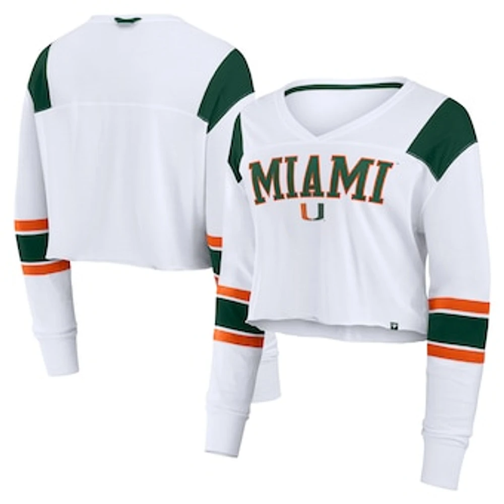 Women's Fanatics White Miami Hurricanes Training Camp Cropped Long Sleeve V-Neck Fashion Top