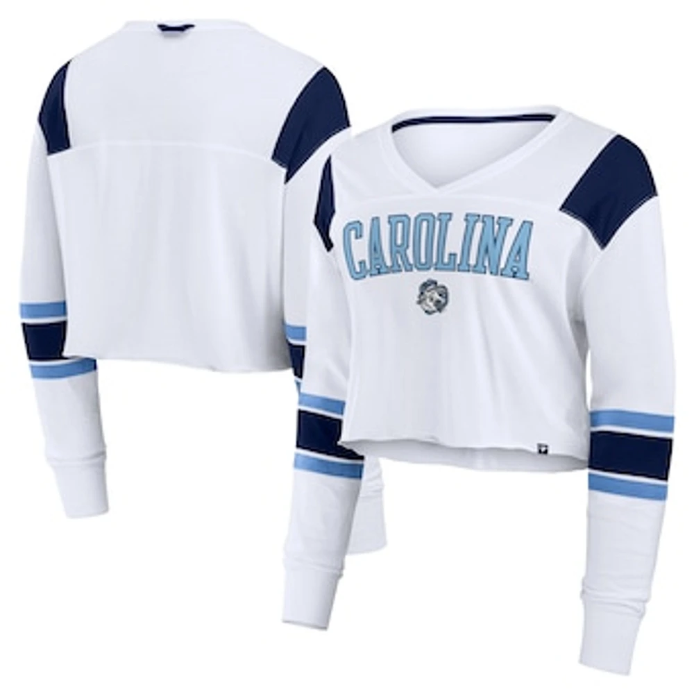 Women's Fanatics White North Carolina Tar Heels Training Camp Cropped Long Sleeve V-Neck Fashion Top