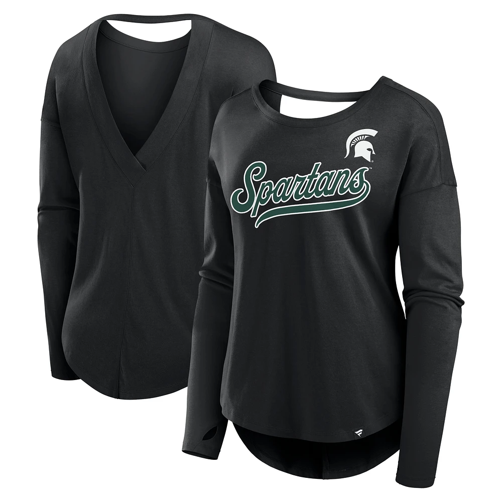 Women's Fanatics Black Michigan State Spartans Training Camp Core Long Sleeve V-Neck Fashion T-Shirt