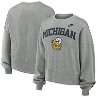 Women's Nike Heather Gray Michigan Wolverines Legacy Fleece Classic Arch Oversized Cropped Tackle Twill Sweatshirt