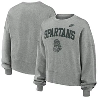 Women's Nike Heather Gray Michigan State Spartans Legacy Fleece Classic Arch Oversized Cropped Tackle Twill Sweatshirt