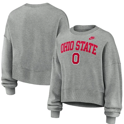 Women's Nike Heather Gray Ohio State Buckeyes Legacy Fleece Classic Arch Oversized Cropped Tackle Twill Sweatshirt