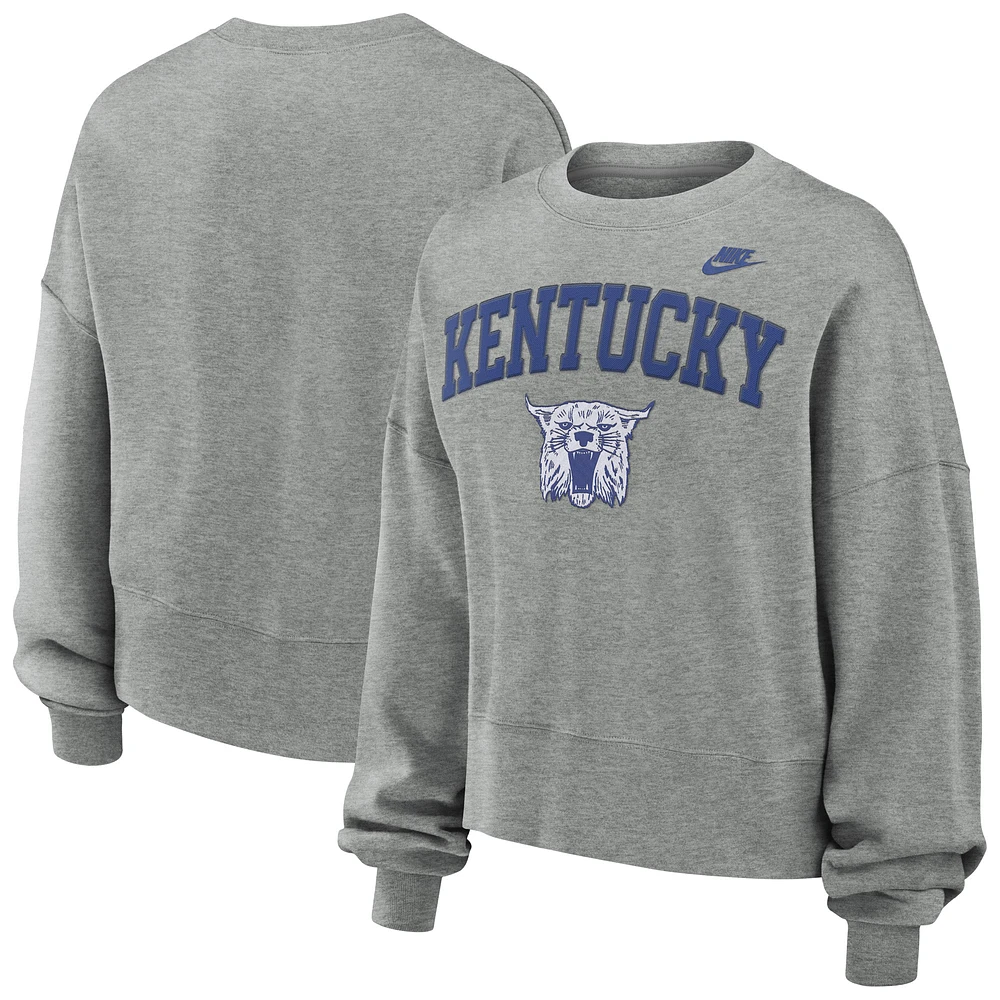 Women's Nike Heather Gray Kentucky Wildcats Legacy Fleece Classic Arch Oversized Cropped Tackle Twill Sweatshirt