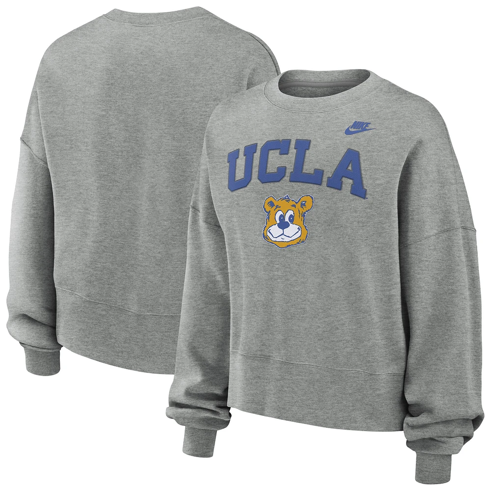 Women's Nike Heather Gray UCLA Bruins Legacy Fleece Classic Arch Oversized Cropped Tackle Twill Sweatshirt