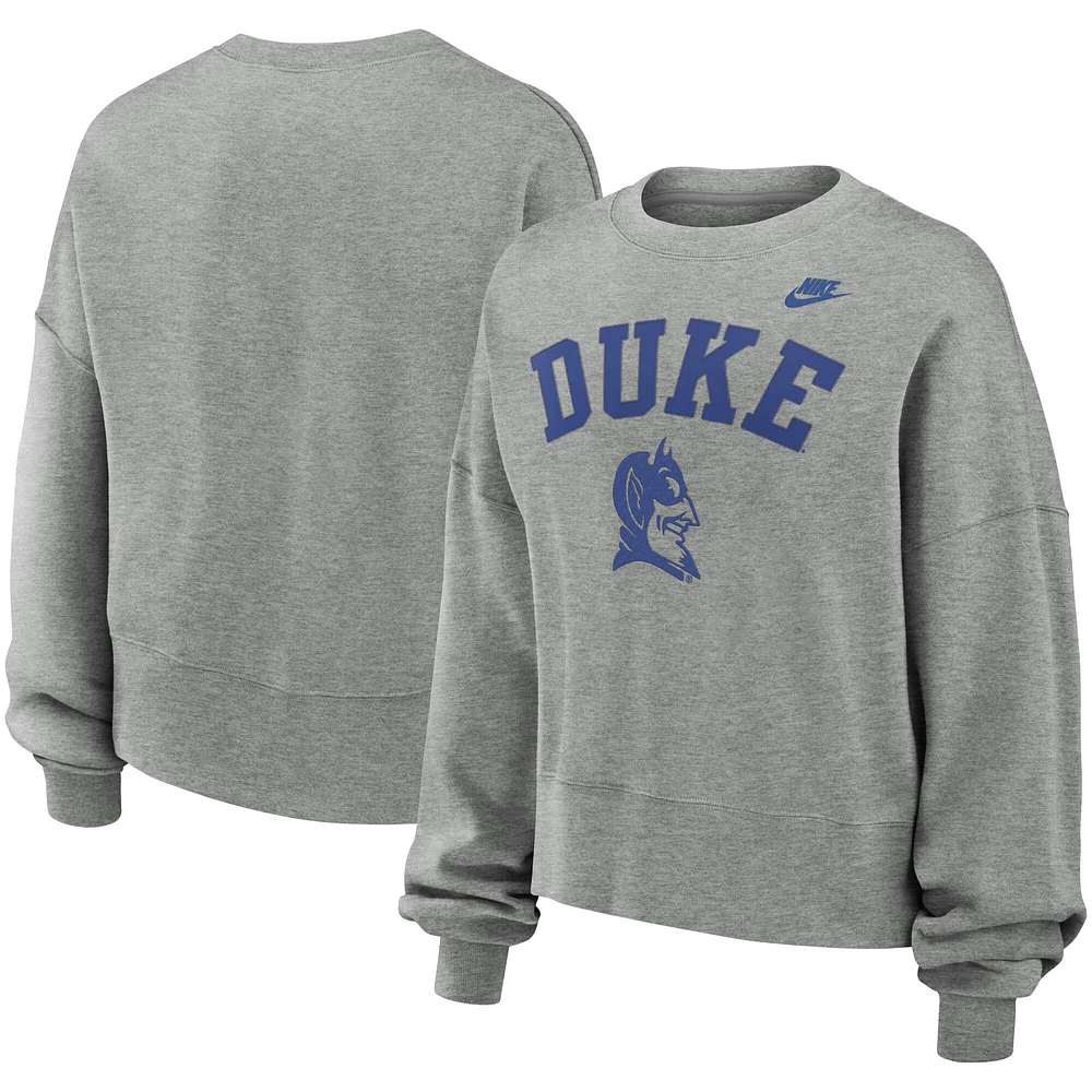 Women's Nike Heather Gray Duke Blue Devils Legacy Fleece Classic Arch Oversized Cropped Tackle Twill Sweatshirt