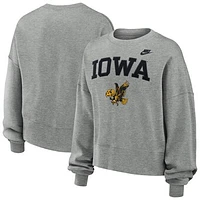 Women's Nike Heather Gray Iowa Hawkeyes Legacy Fleece Classic Arch Oversized Cropped Tackle Twill Sweatshirt