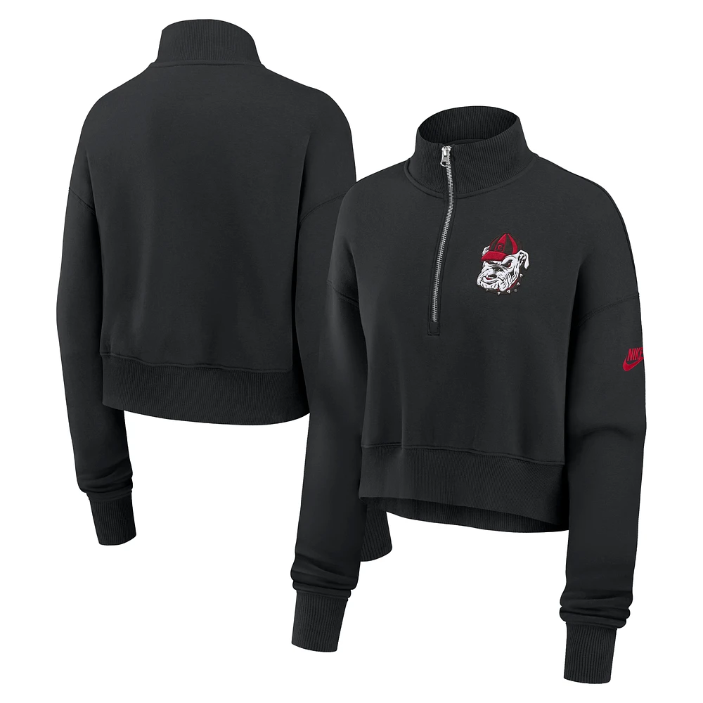 Women's Nike Black Georgia Bulldogs Legacy Elevated Logo Cropped Half-Zip Sweatshirt