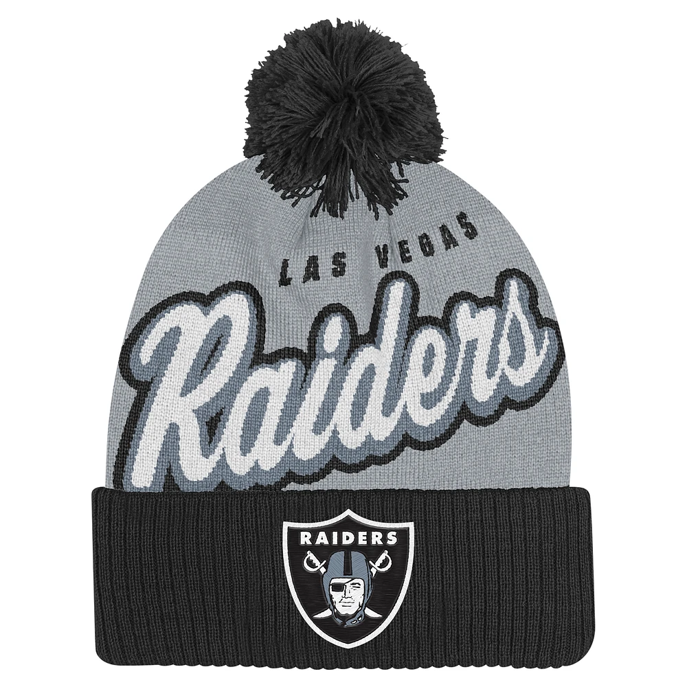 Youth Silver/Black Las Vegas Raiders Pro-Sport Jacquard Cuffed Knit Hat with Pom