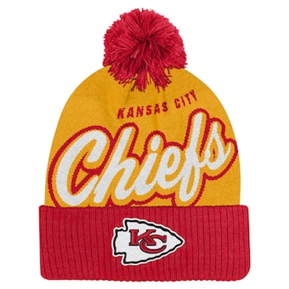 Youth Gold/Red Kansas City Chiefs Pro-Sport Jacquard Cuffed Knit Hat with Pom