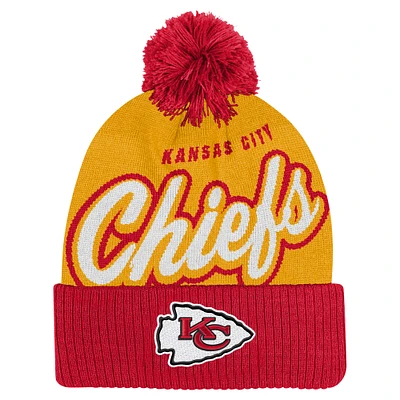 Youth Gold/Red Kansas City Chiefs Pro-Sport Jacquard Cuffed Knit Hat with Pom