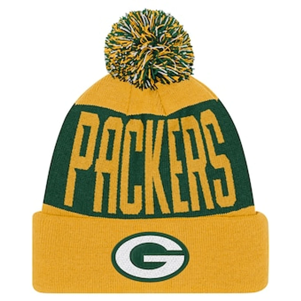 Youth Green/Gold Green Bay Packers Bevel Cuffed Knit Hat with Pom