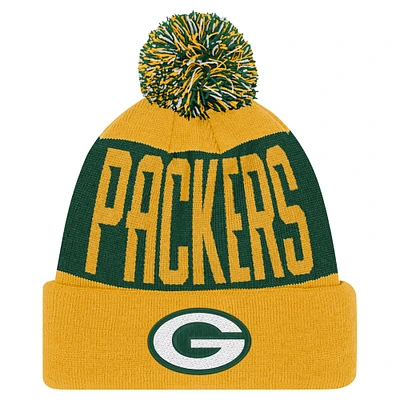 Youth Green/Gold Green Bay Packers Bevel Cuffed Knit Hat with Pom