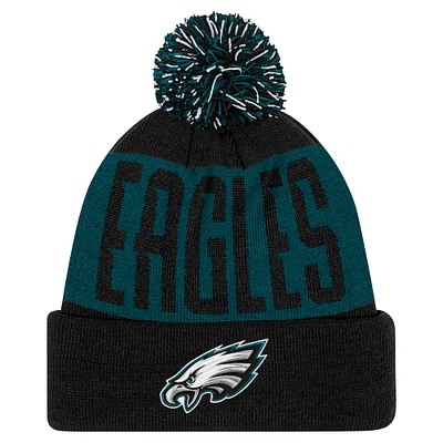 Youth Midnight Green/Black Philadelphia Eagles Bevel Cuffed Knit Hat with Pom