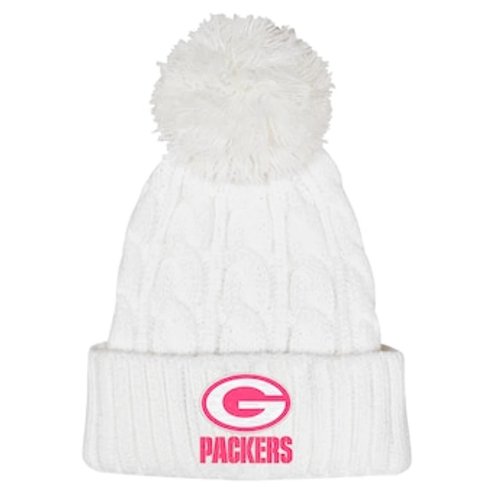 Girls Youth White Green Bay Packers Cable Cuffed Knit Hat with Pom