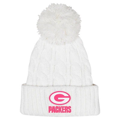 Girls Youth White Green Bay Packers Cable Cuffed Knit Hat with Pom