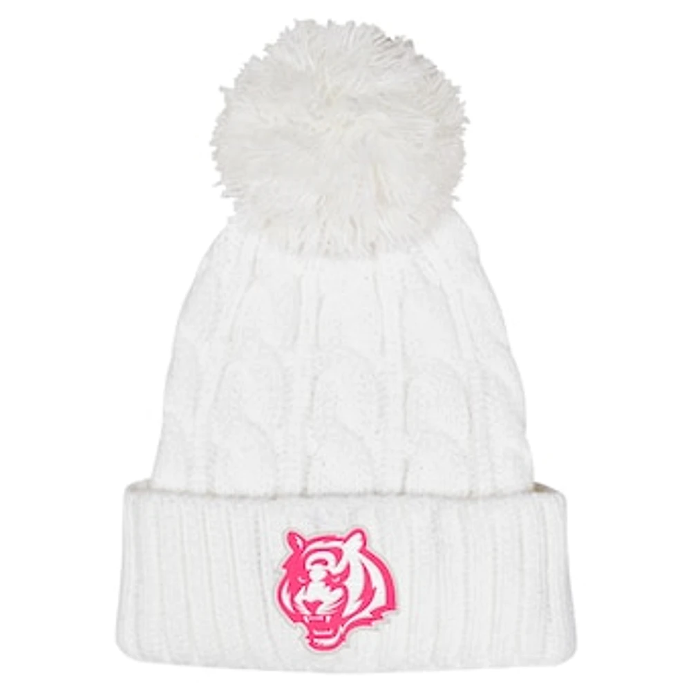 Girls Youth White Cincinnati Bengals Cable Cuffed Knit Hat with Pom