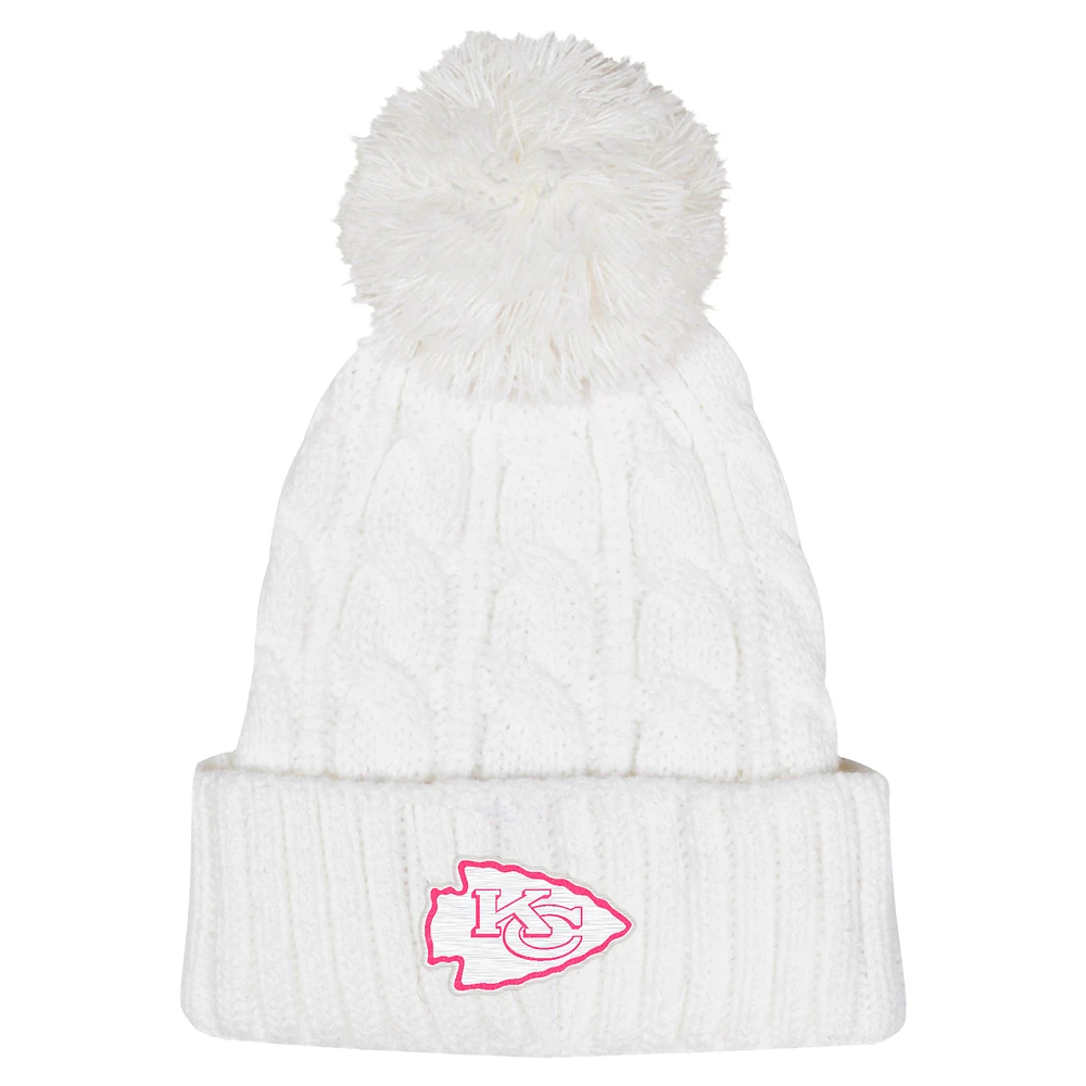 Girls Youth White Kansas City Chiefs Cable Cuffed Knit Hat with Pom