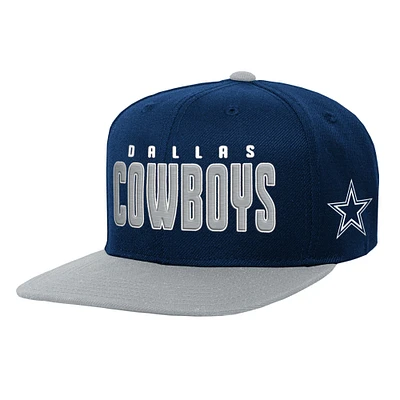 Youth Navy/Silver Dallas Cowboys Lock Up Flat Brim Snapback Hat