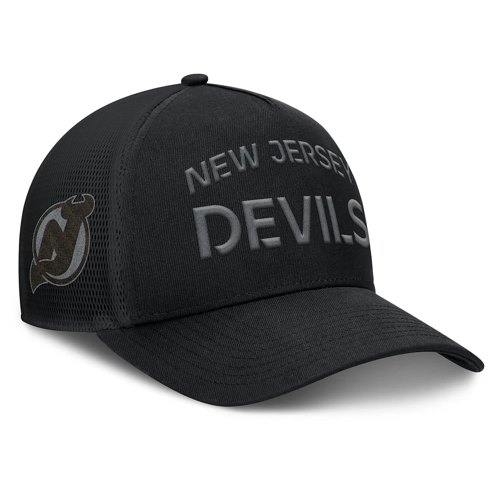 Men's Fanatics Black New Jersey Devils Authentic Pro Road Stack Text A-Frame Adjustable Hat