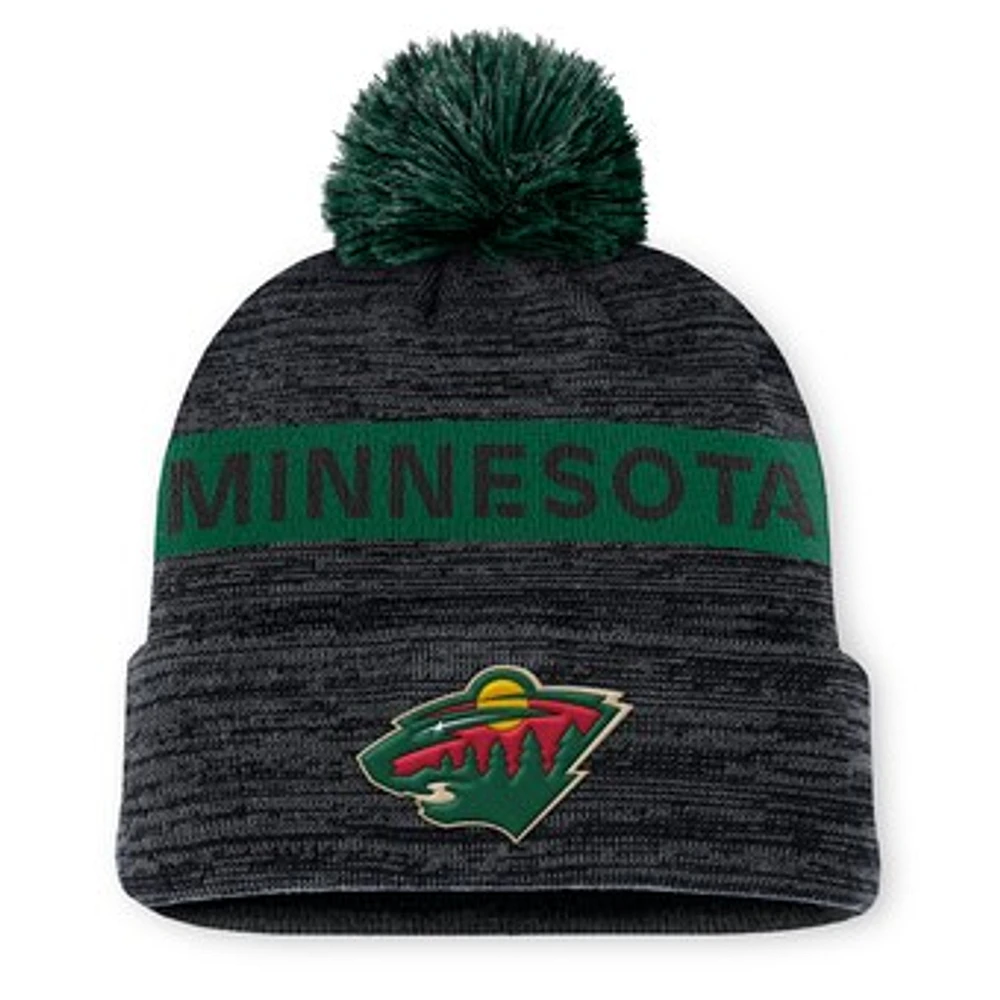 Men's Fanatics Black/Green Minnesota Wild Authentic Pro Rink Cuffed Knit Hat with Pom