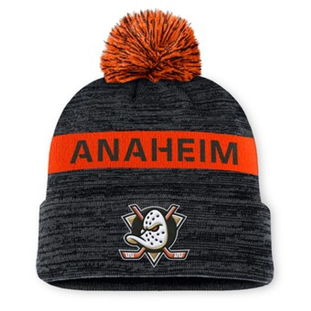 Men's Fanatics Black/Orange Anaheim Ducks Authentic Pro Rink Cuffed Knit Hat with Pom