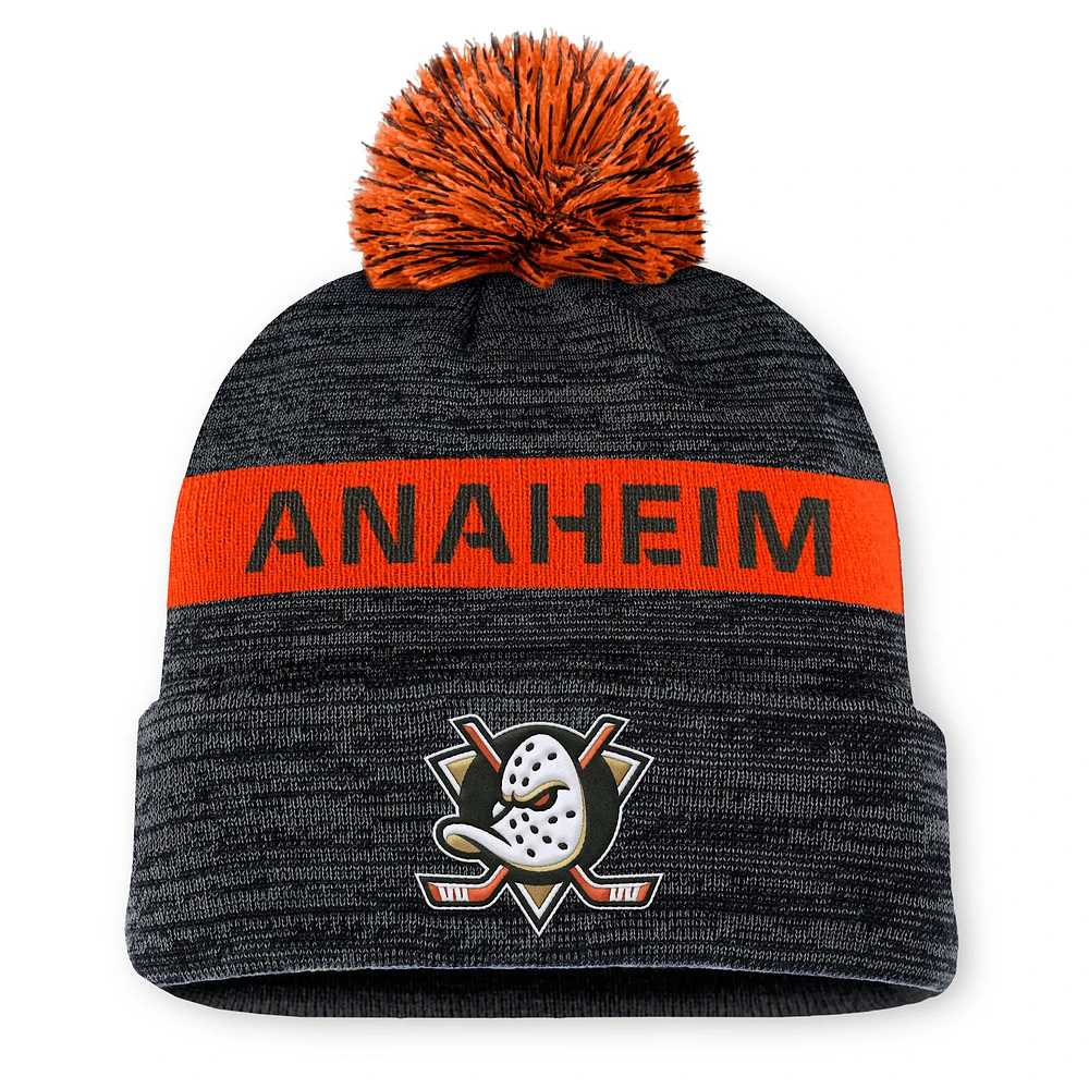 Men's Fanatics Black/Orange Anaheim Ducks Authentic Pro Rink Cuffed Knit Hat with Pom