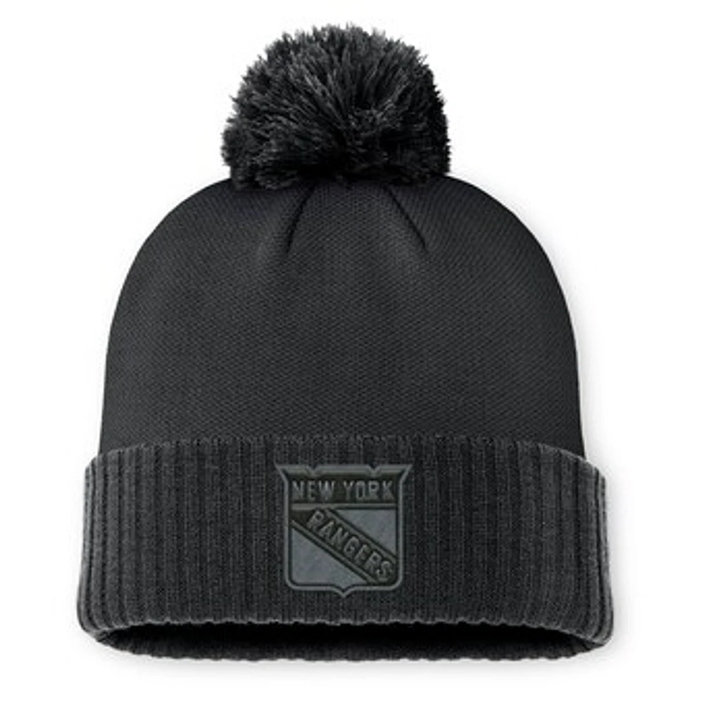 Men's Fanatics Black New York Rangers Authentic Pro Road Cuffed Knit Hat with Pom