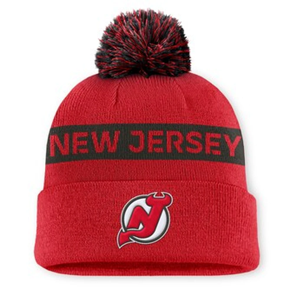 Women's Fanatics Red/Black New Jersey Devils Authentic Pro Rink Cuffed Knit Hat with Pom