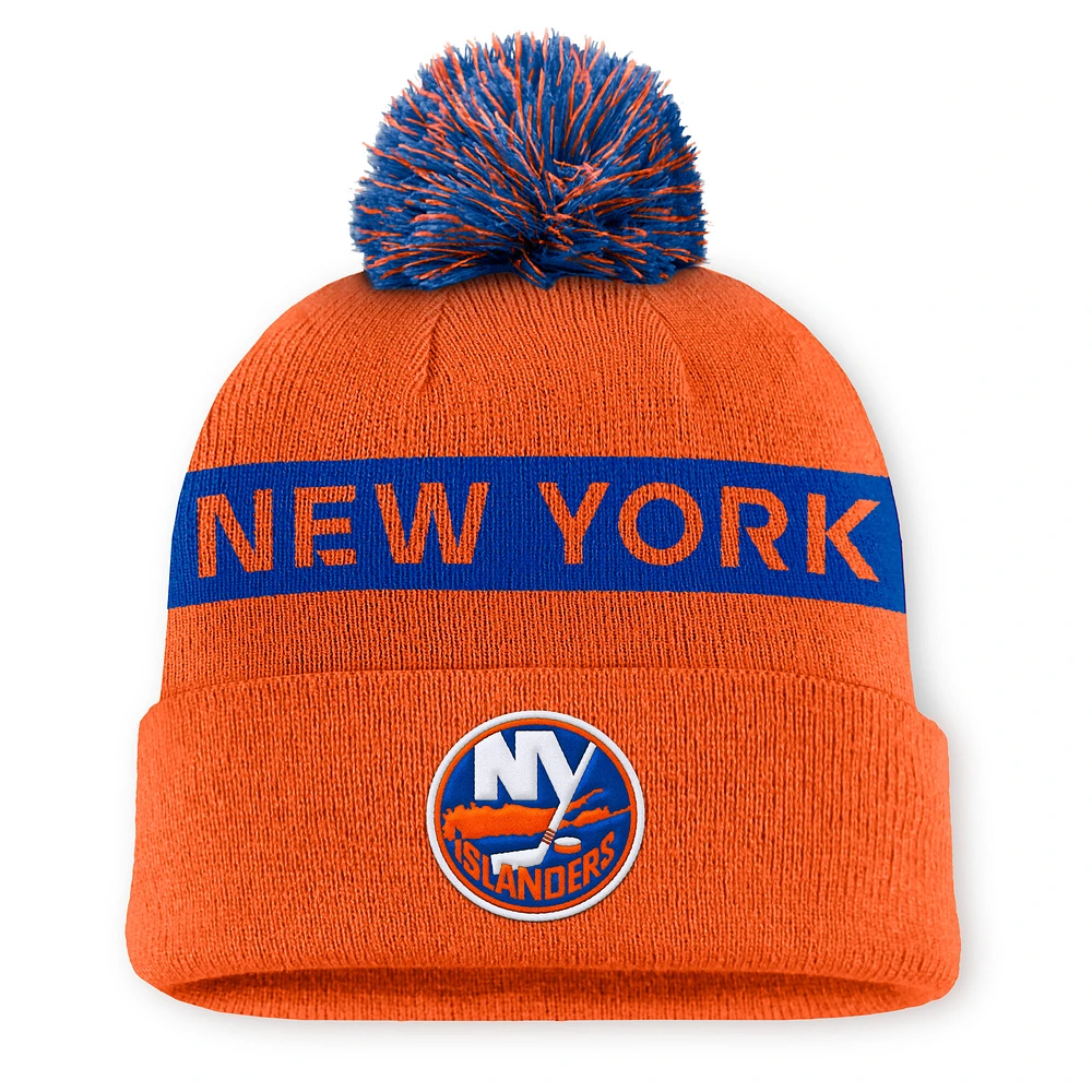 Women's Fanatics Orange/Royal New York Islanders Authentic Pro Rink Cuffed Knit Hat with Pom