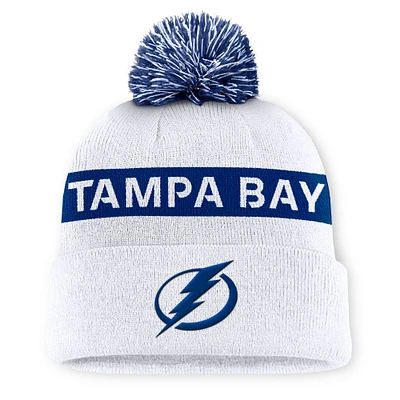 Women's Fanatics White/Blue Tampa Bay Lightning Authentic Pro Rink Cuffed Knit Hat with Pom