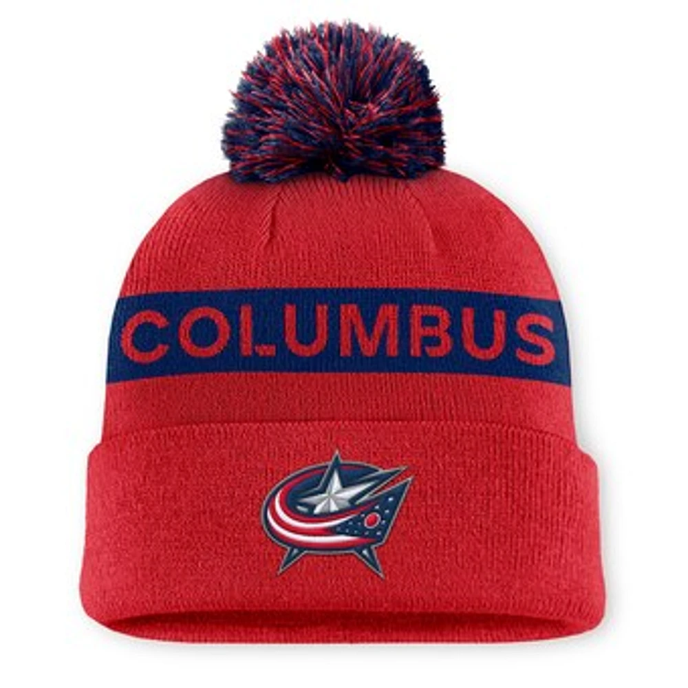 Women's Fanatics Red/Navy Columbus Blue Jackets Authentic Pro Rink Cuffed Knit Hat with Pom