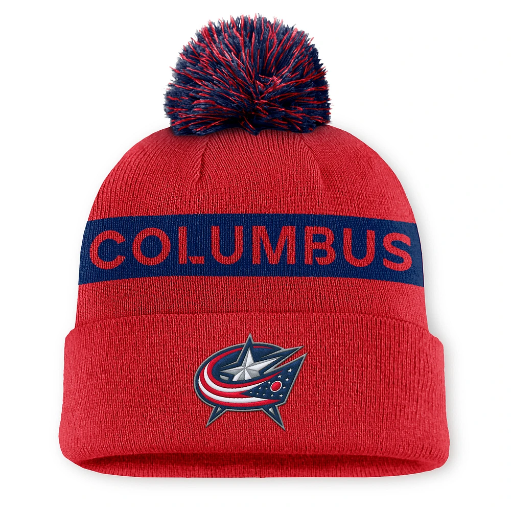 Women's Fanatics Red/Navy Columbus Blue Jackets Authentic Pro Rink Cuffed Knit Hat with Pom